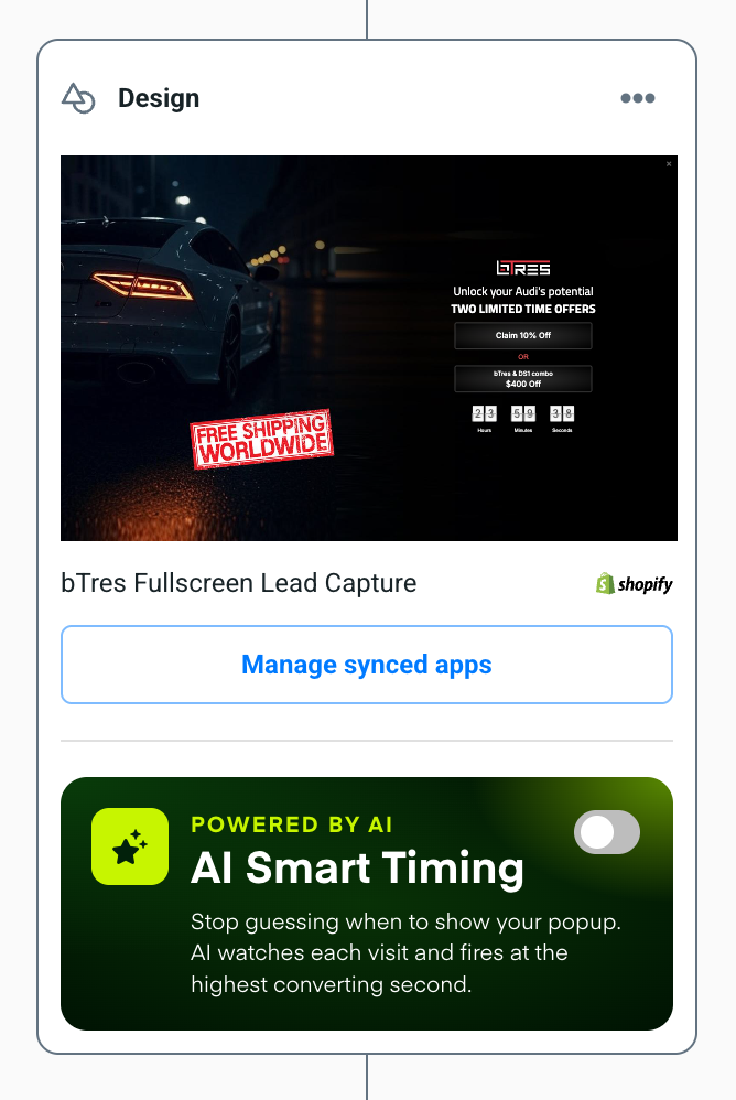 The AI Smart Timing block inside a lead-capture Design step. Toggle it on and the timing controls appear below.