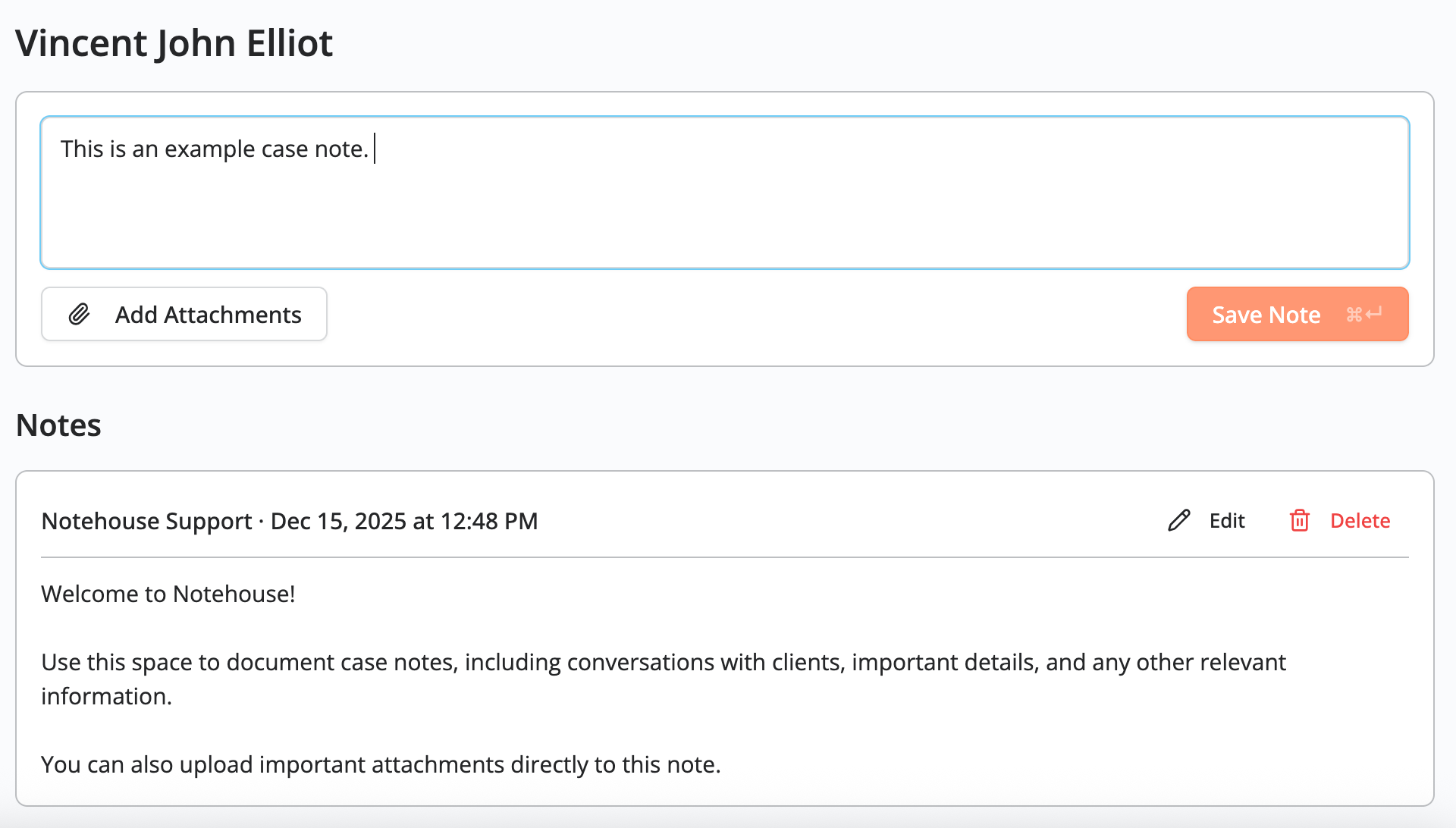 Client notes editor showing a text area to write a case note, options to add attachments, and a Save Note button.