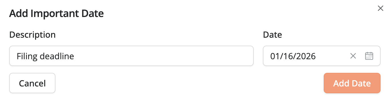 Add Important Date modal with fields for a description, date selection, and an Add Date button.