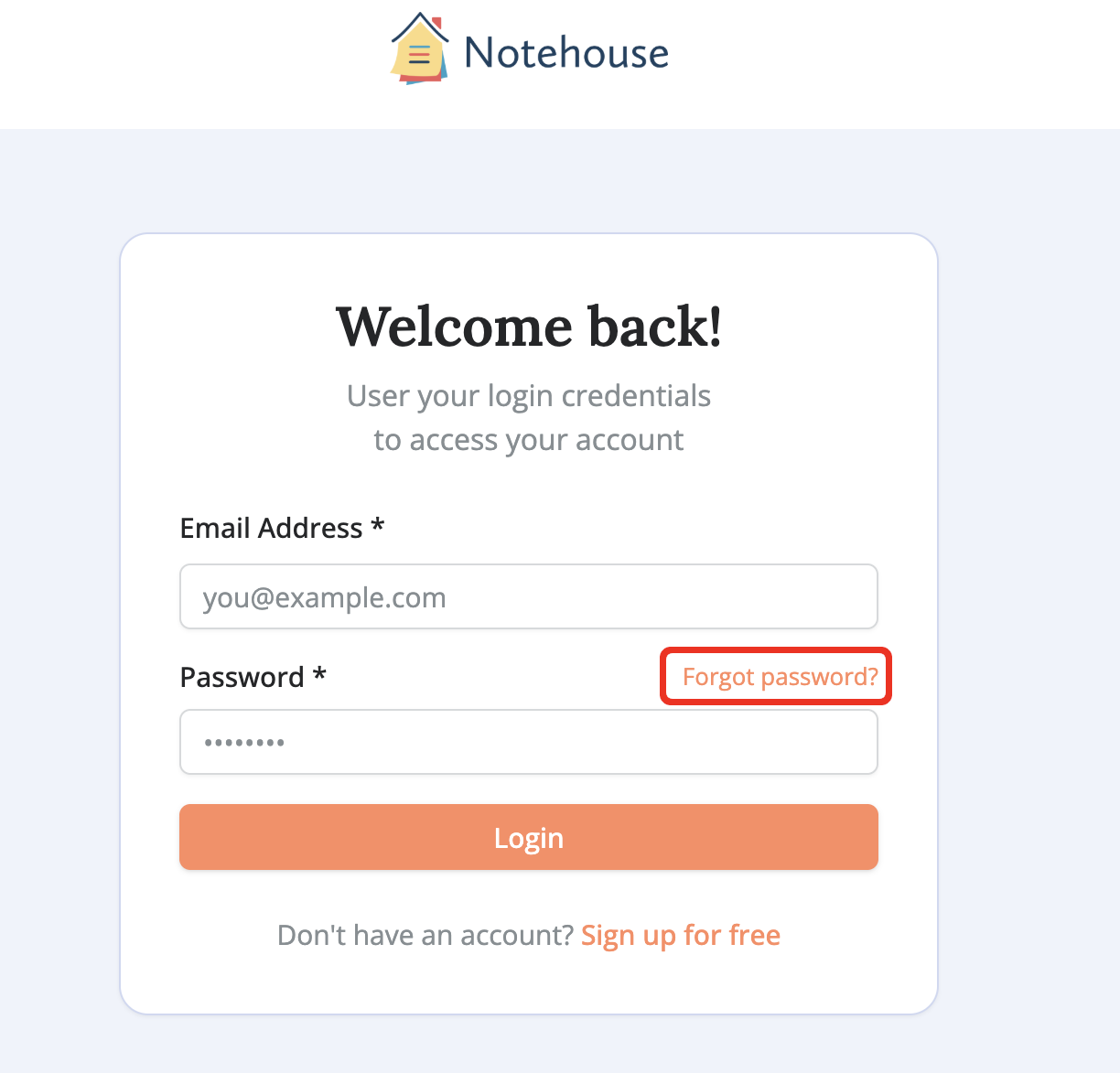 Login screen with fields for email address and password, a Forgot password link, and a Login button with the