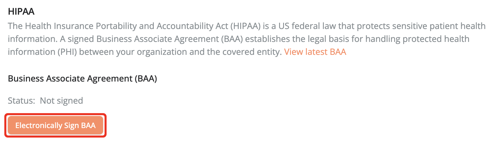 HIPAA settings page showing Business Associate Agreement status as Not signed and a button labeled ‘Electronically Sign BAA.