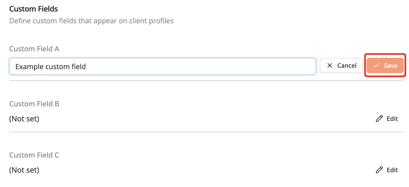 Custom Fields settings page showing an editable custom field with Save and Cancel buttons with the Save button highlighted with a red rectangle.