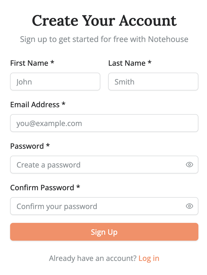 Create Account sign-up form with fields for first name, last name, email address, password, and a Sign Up button