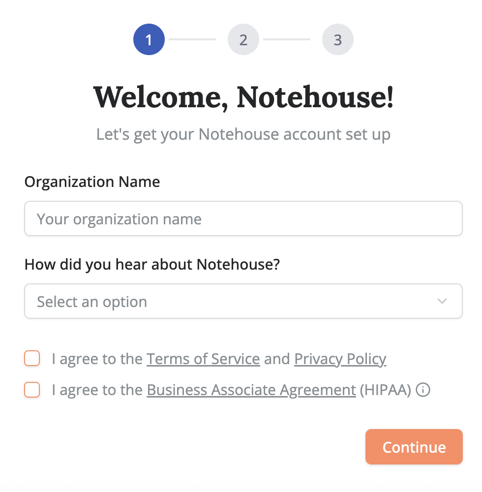 Account setup step one showing fields for organization name, a source selection dropdown, required agreement checkboxes, and a Continue button.