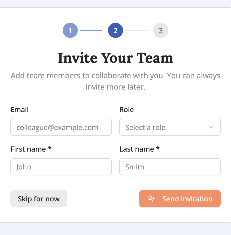 Invite Your Team onboarding step two showing fields to enter a team member’s email, name, role selection, and options to send an invitation or skip for now.