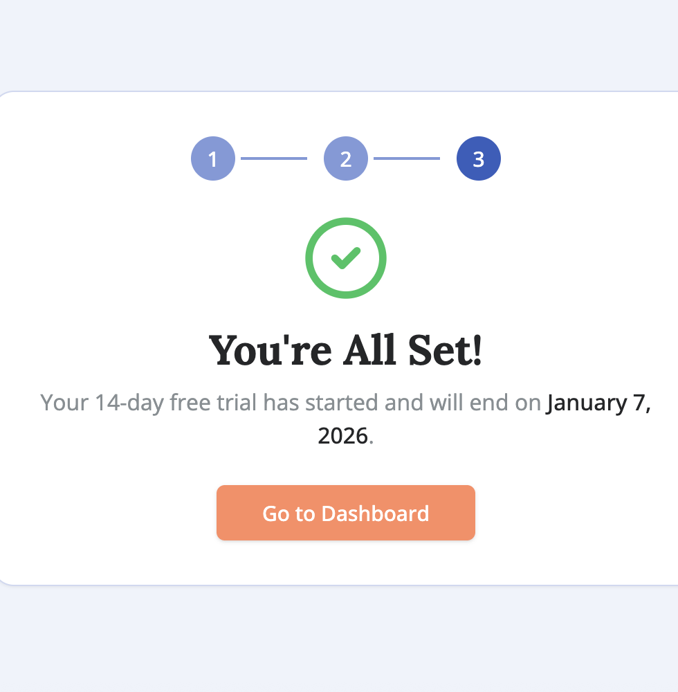 Account setup complete screen showing confirmation that the plan and/or free trial has started and a button to go to the dashboard.