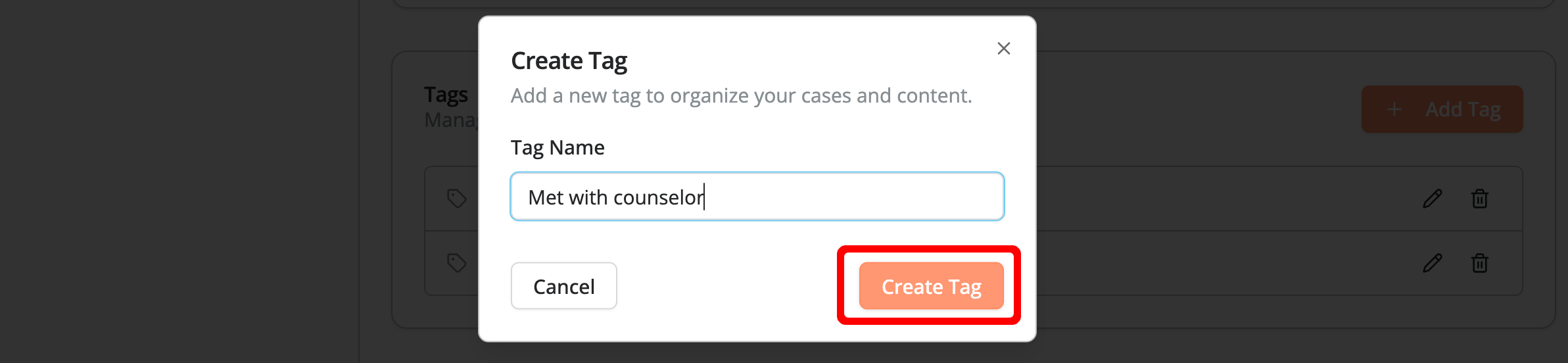 Create Tag modal with a field to enter a tag name and buttons to cancel or create the tag