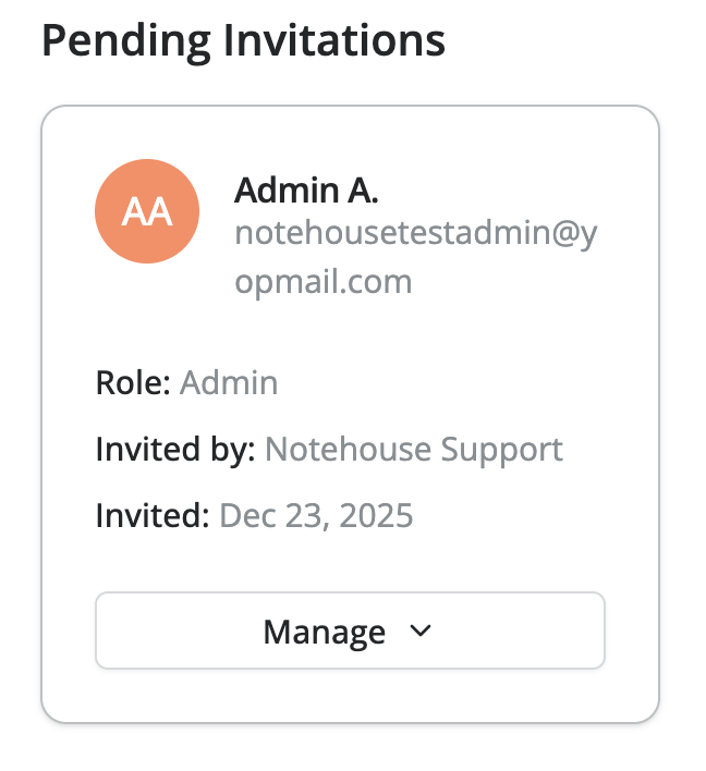 Pending invitation card showing an invited admin user with email address, role, inviter, invitation date, and a Manage menu.