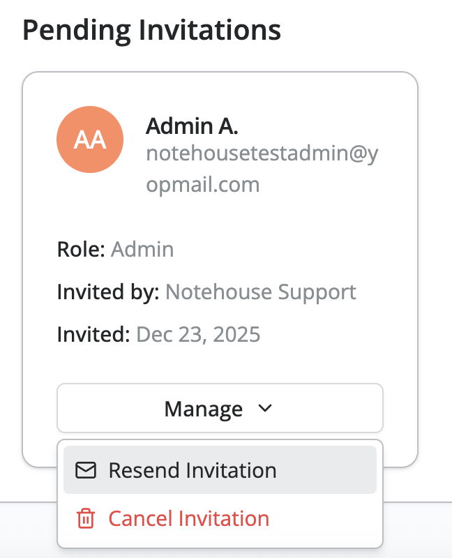 Pending invitation card with a Manage menu open, showing options to resend or cancel the invitation, with the option to resend highlighted in gray.
