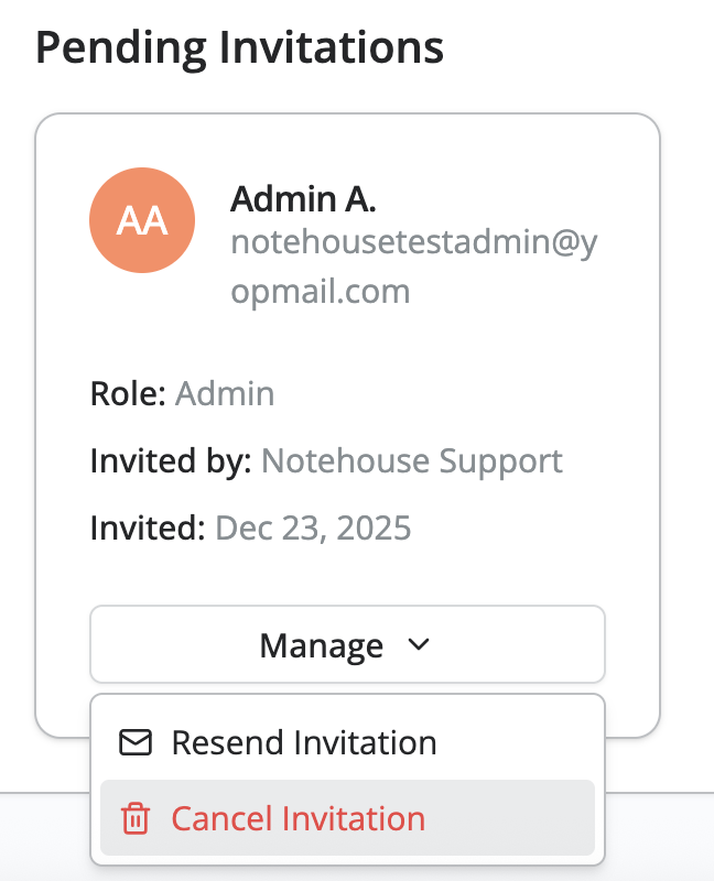 Pending invitation card with a Manage menu open, showing options to resend or cancel the invitation, with the option to cancel highlighted in gray.