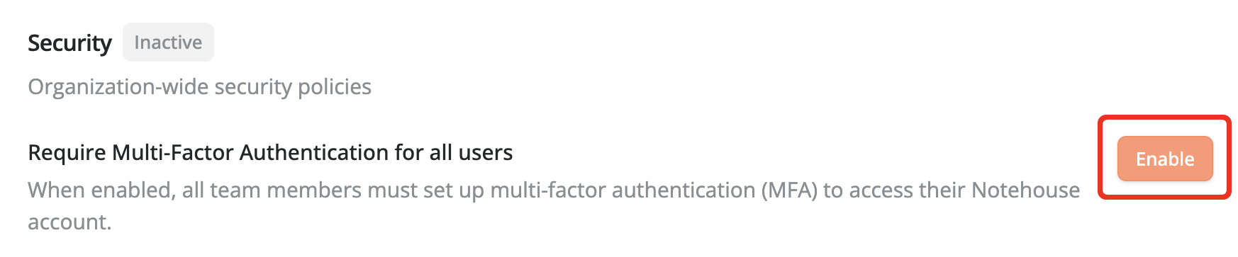 Security settings showing organization-wide multi-factor authentication as inactive with an Enable button.
