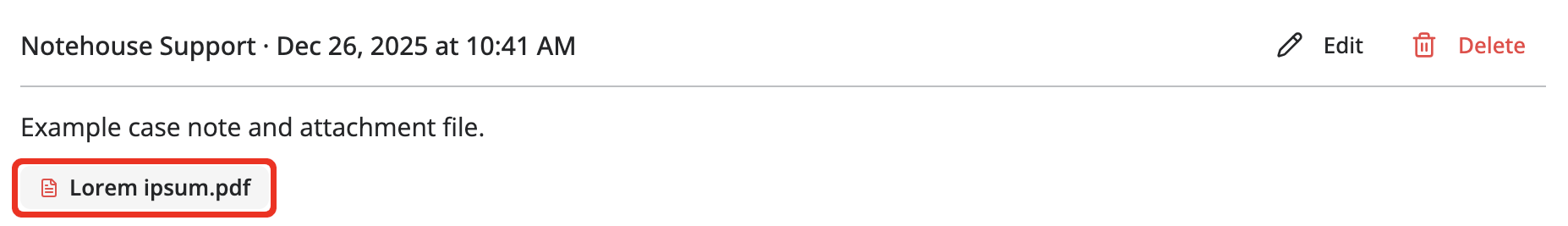 Case note with an attached PDF file named ‘Lorem ipsum.pdf’ that can be opened or downloaded.