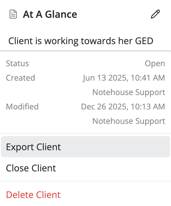 At a Glance panel with client details and an open Manage Client menu showing options to export, close, or delete the client.