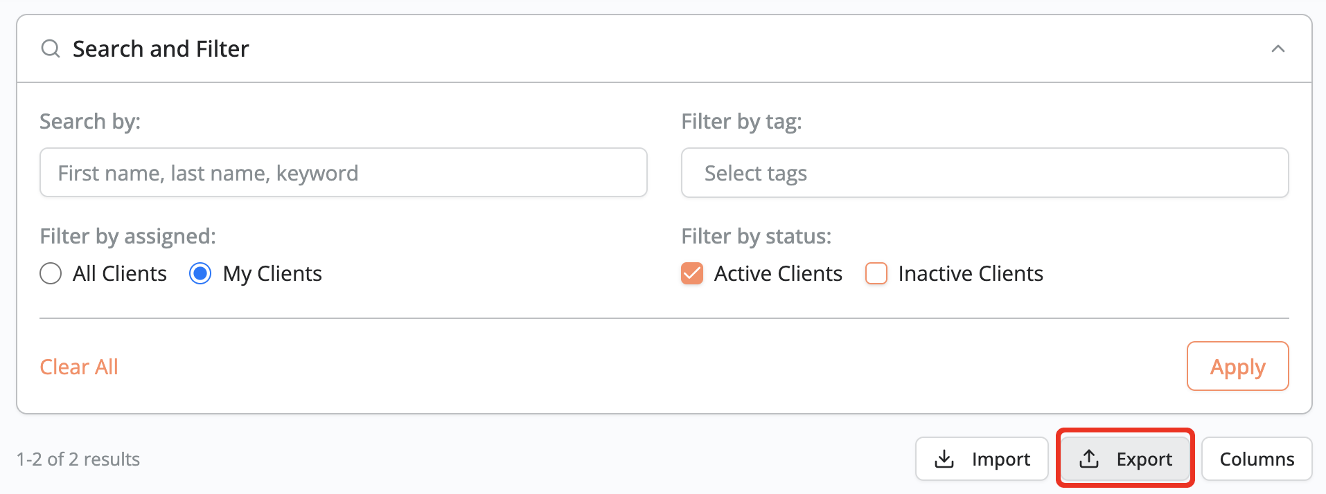 Search and filter panel showing client filters with an Export button selected.