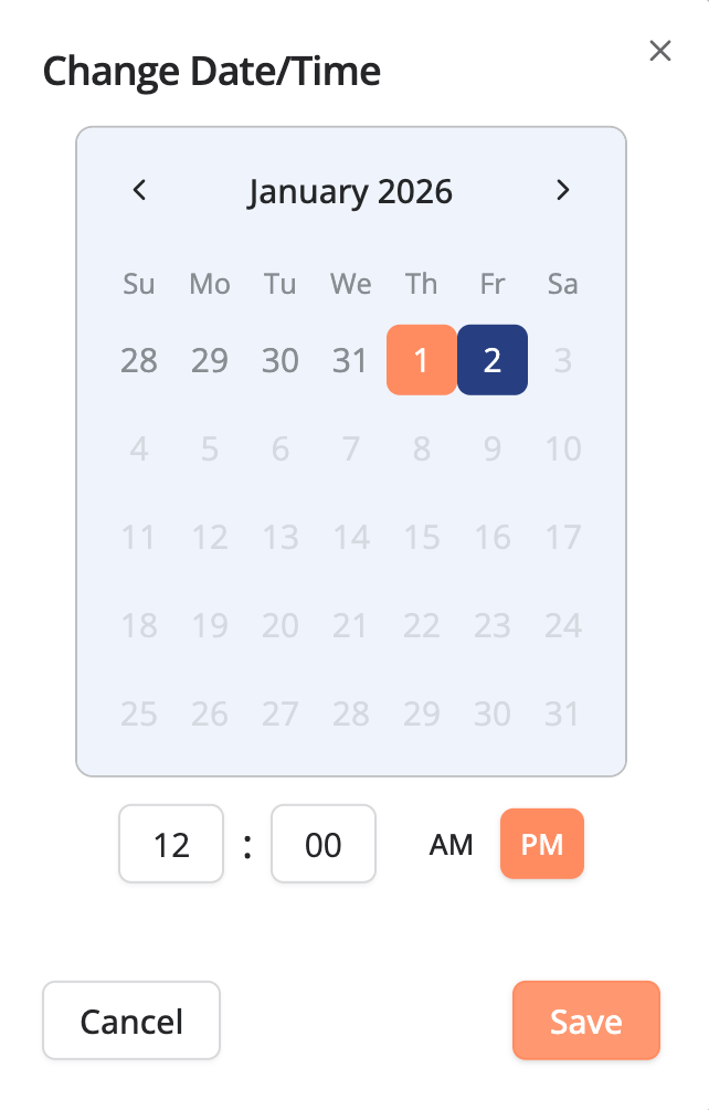 Change Date/Time dialog with a calendar and time selector used to update when a case note was recorded.