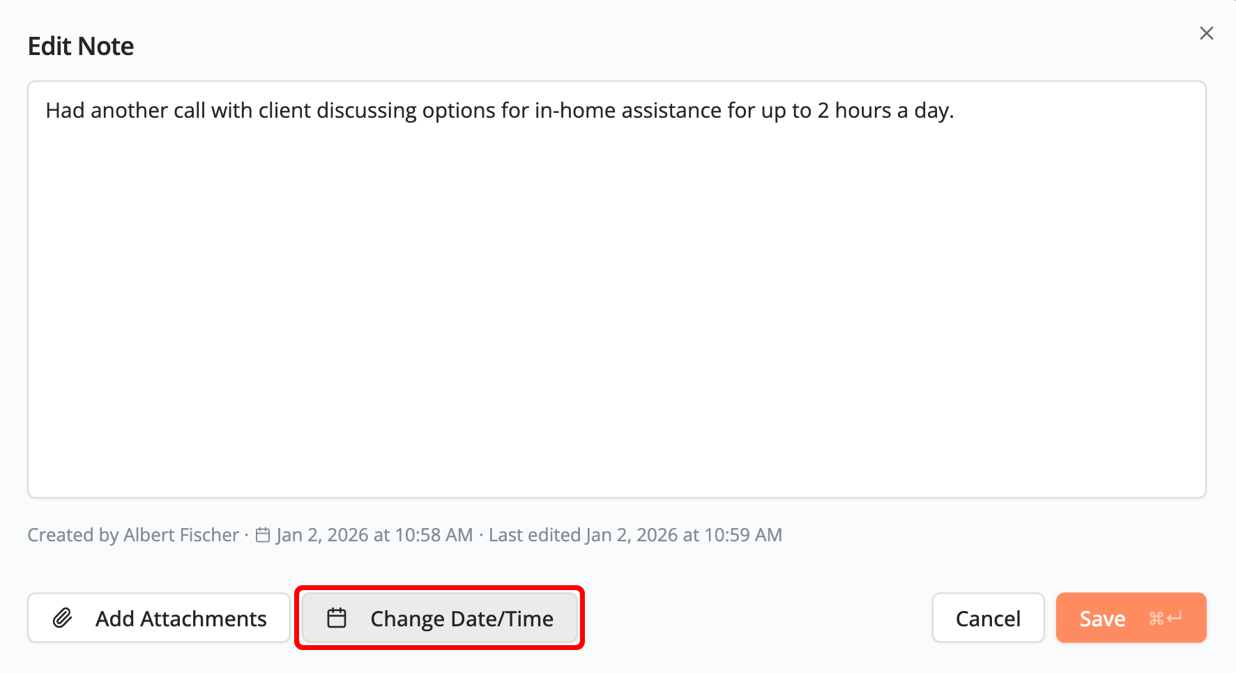 Edit Note screen showing an existing case note with a Change Date/Time button and Save option.