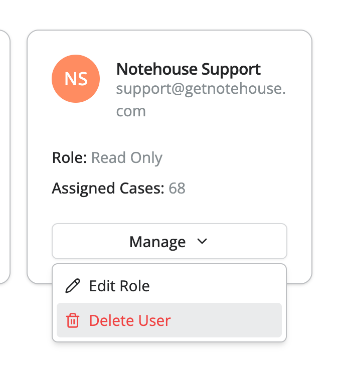 User profile card for Notehouse Support showing a Read Only role, 68 assigned cases, and a Manage menu with options to edit role or delete user.