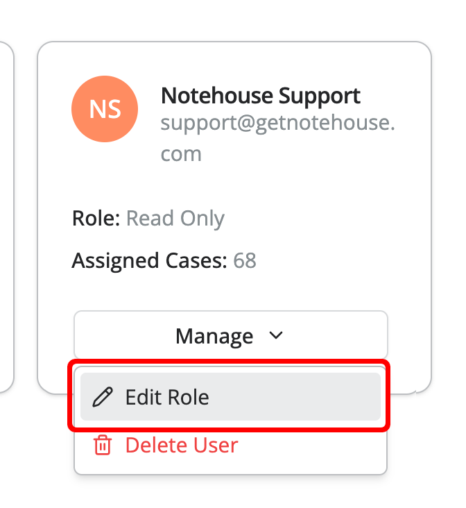 User profile card for Notehouse Support showing a Read Only role, 68 assigned cases, and a Manage menu with options to edit role or delete user.