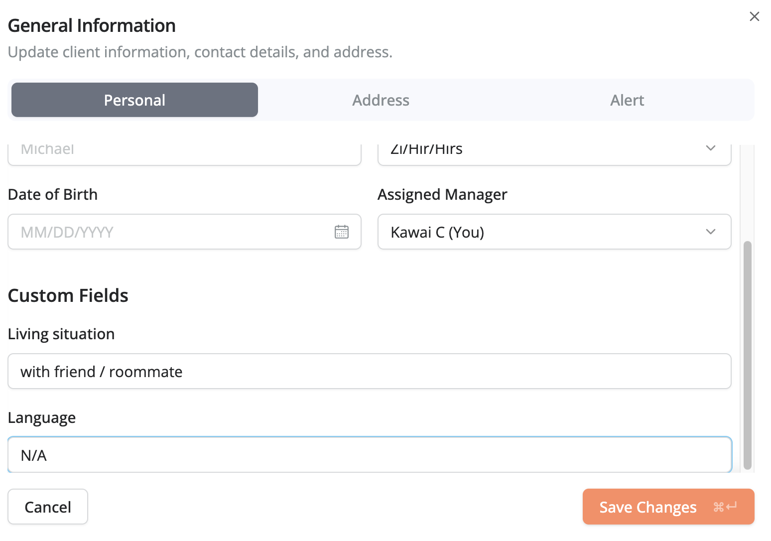 General Information form with tabs for Personal, Address, and Alert, showing personal details, custom fields like living situation and language, and buttons to cancel or save changes.