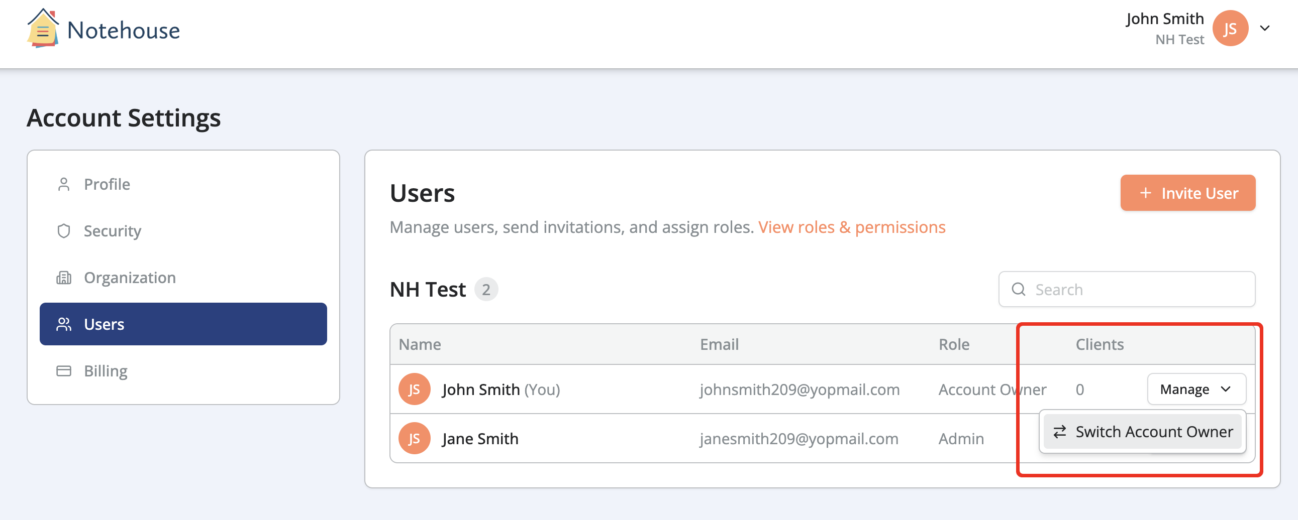 User management section with switch account owner highlighted in red.