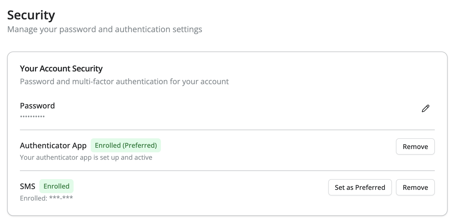 Security settings page showing a hidden password, an authenticator app enrolled as the preferred method, and SMS authentication enrolled with options to set as preferred or remove.
