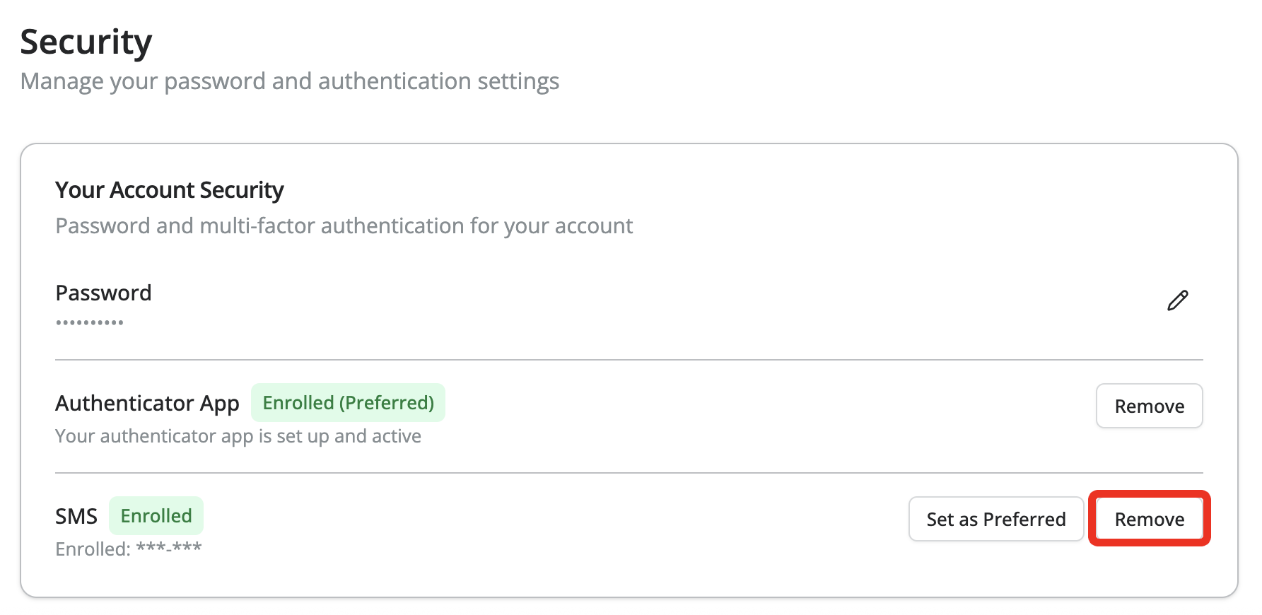 Security settings page showing a hidden password, an authenticator app enrolled as the preferred method, and SMS authentication enrolled with options to set as preferred or remove, with remove highlighted in red on the right-hand side.
