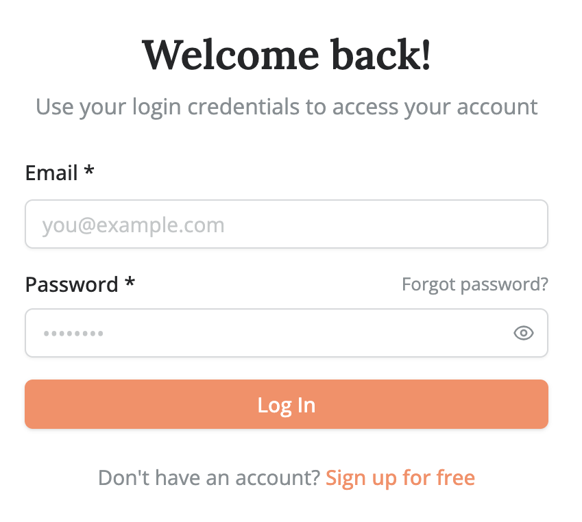 Login screen with the heading ‘Welcome back,’ fields for email and password, a ‘Forgot password?’ link, a ‘Log In’ button, and a link to sign up for a free account.