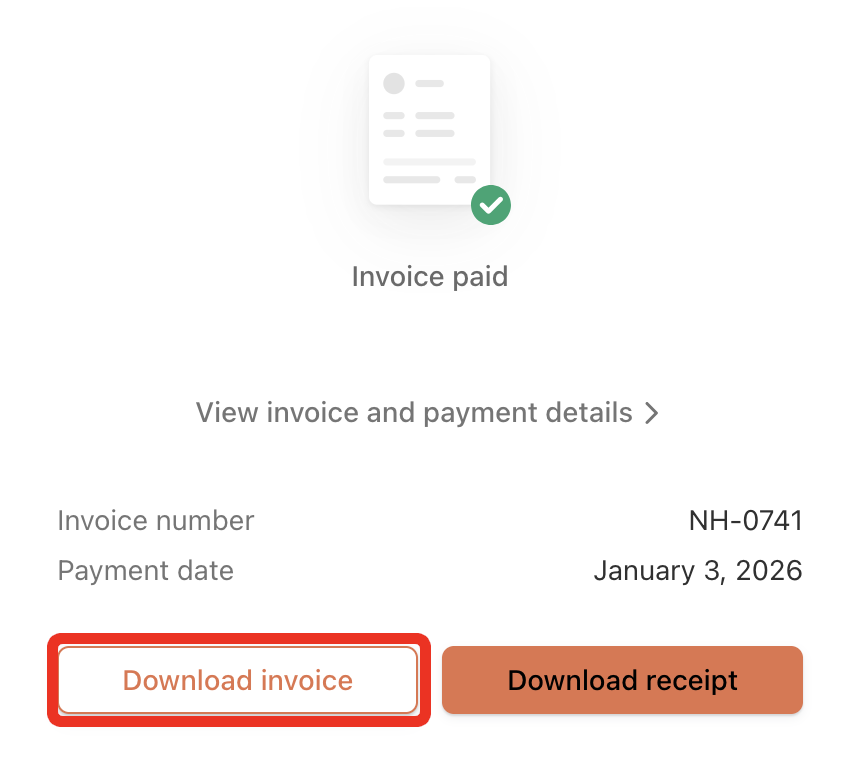 Invoice confirmation screen showing ‘Invoice paid,’ the invoice number and payment date, and buttons to download the invoice or download the receipt.