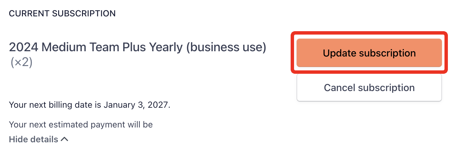 Current subscription section showing a ‘2024 Medium Team Plus Yearly (business use)’ plan with quantity two, the next billing date, and buttons to update or cancel the subscription.