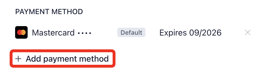 Payment method section showing a default Mastercard with an expiration date and an option to add a new payment method.