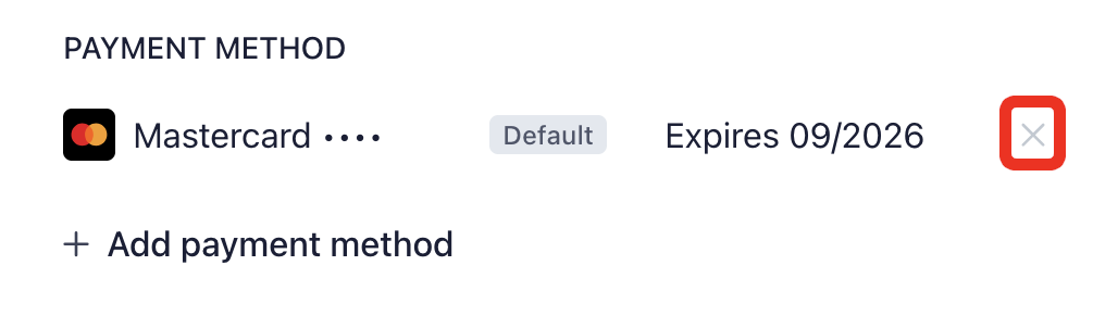 Payment method section showing a default Mastercard with an expiration date and an option to add a new payment method and remove a payment. 
