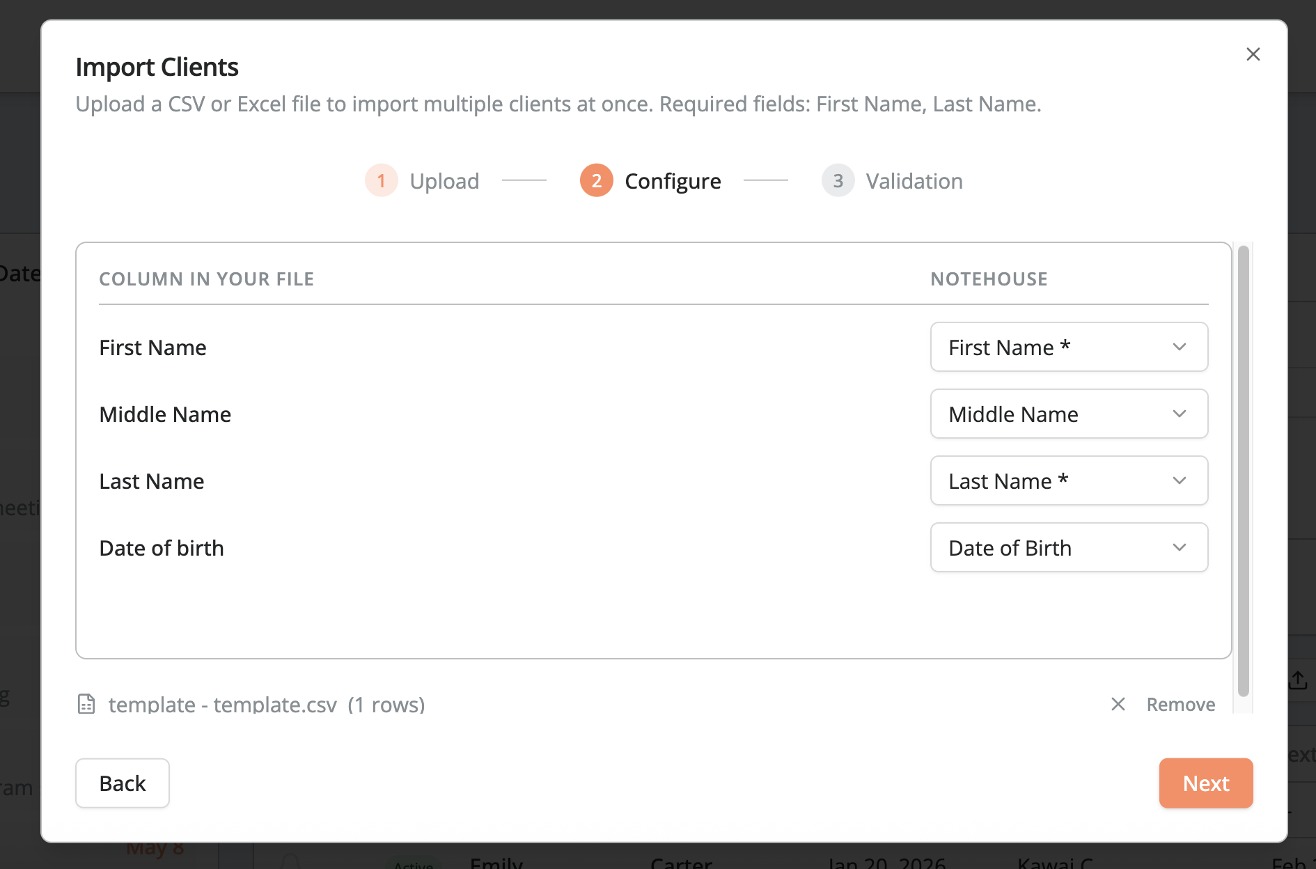 Import Clients modal on the Configure step, showing column mapping between the uploaded file and client fields such as first name, middle name, last name, and date of birth.