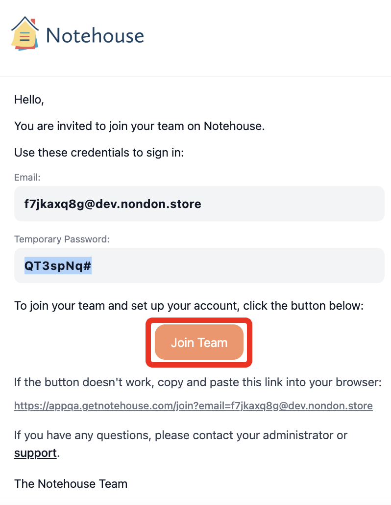 Screenshot of a Notehouse team invitation email showing login credentials and an orange “Join Team” button outlined in red.