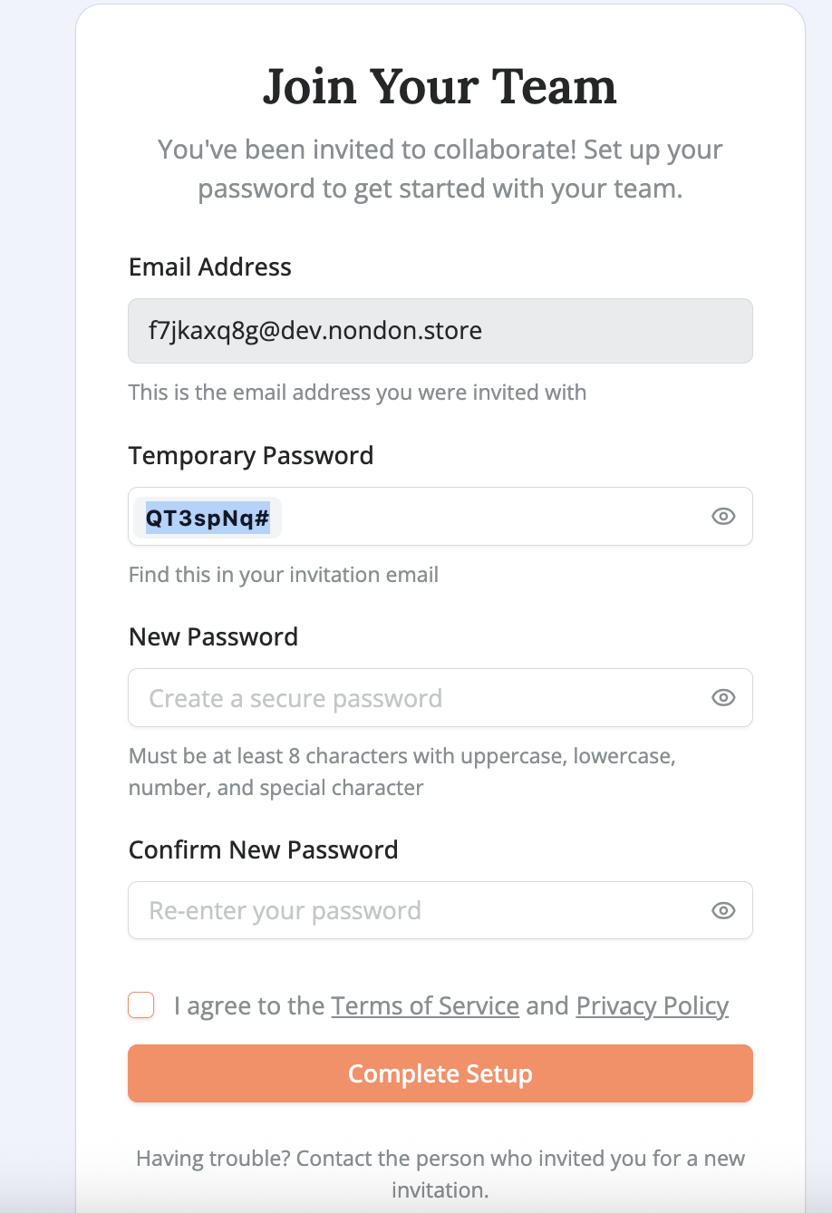 Screenshot of a “Join Your Team” account setup page with fields for temporary password, new password, confirm password, a terms agreement checkbox, and a “Complete Setup” button.
