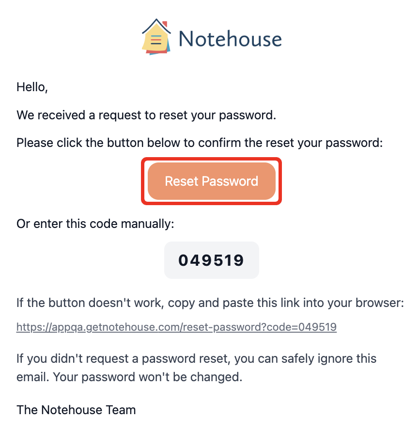 Screenshot of a Notehouse password reset email with a “Reset Password” button and a verification code displayed below it.