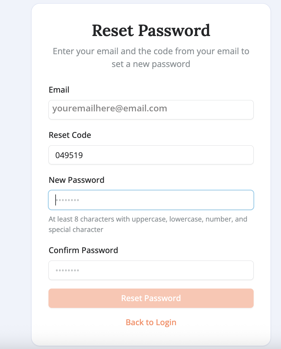 Screenshot of a “Reset Password” page with fields for email, reset code, new password, confirm password, and a “Reset Password” button.