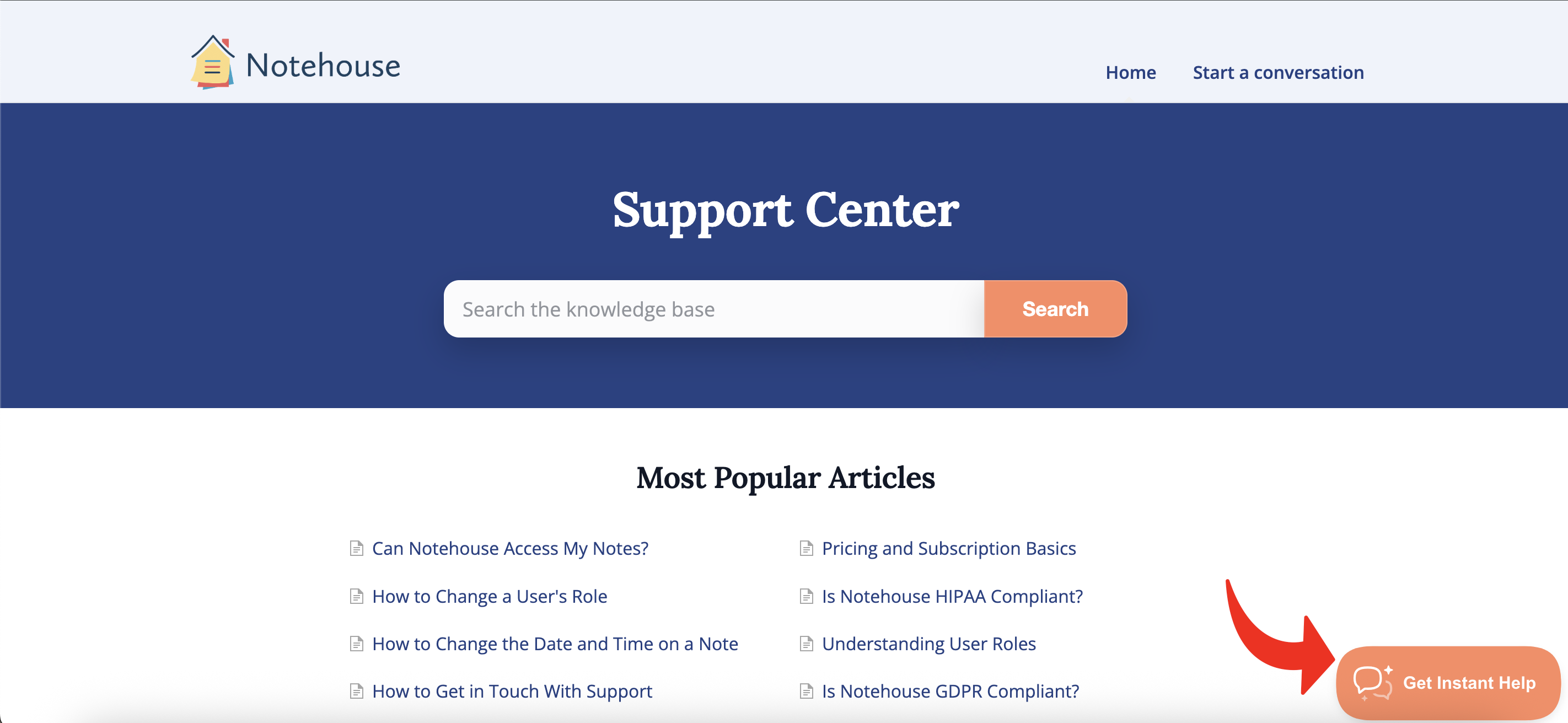 Notehouse Support Center homepage showing the “Get Instant Help” button located in the lower right-hand corner of the screen.