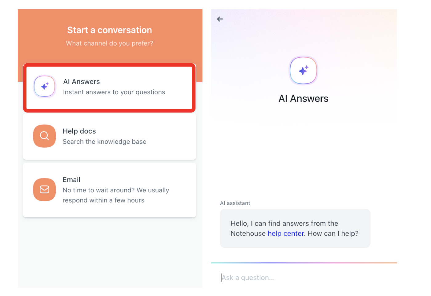Help panel showing the “AI Answers” option selected under “Start a conversation.”