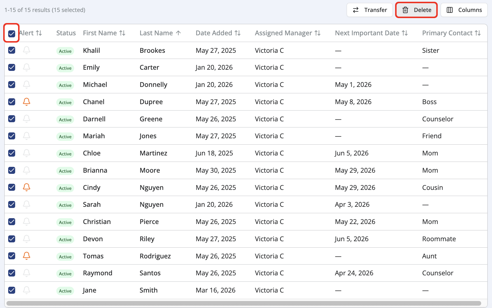 A clients table with multiple rows selected and a highlighted “Delete” button.