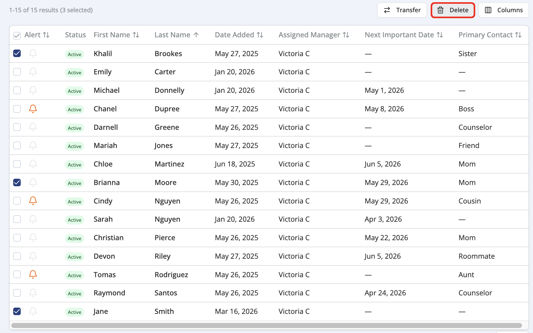 A clients table with a few rows selected and a highlighted “Delete” button.