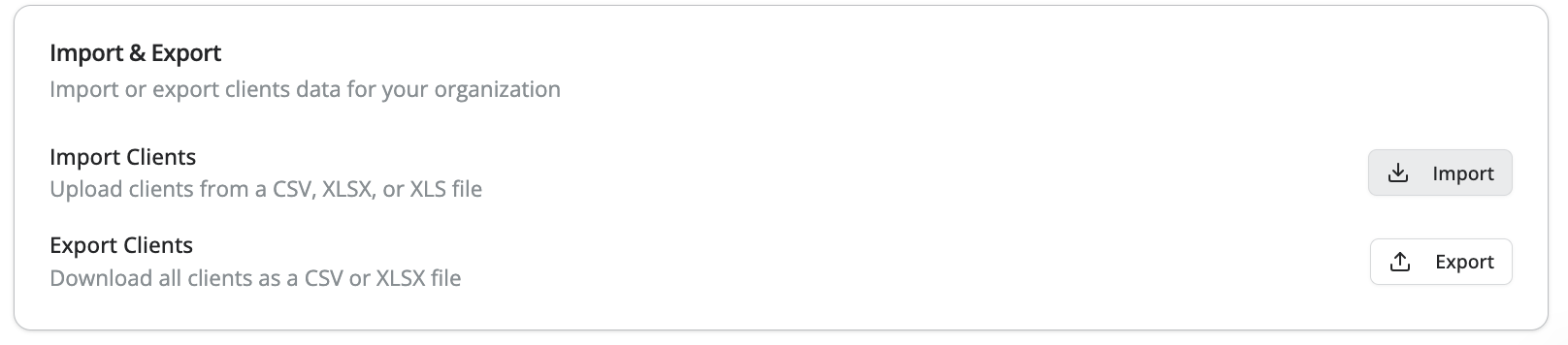 Import & Export settings panel with options to import or export clients and corresponding buttons.