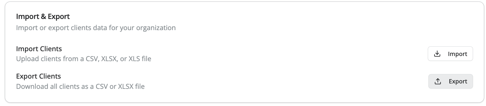 Import & Export settings panel with options to import or export clients and corresponding buttons.