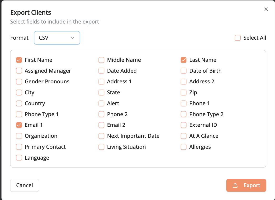 Export Clients modal with CSV format selected and field checkboxes for choosing export columns.