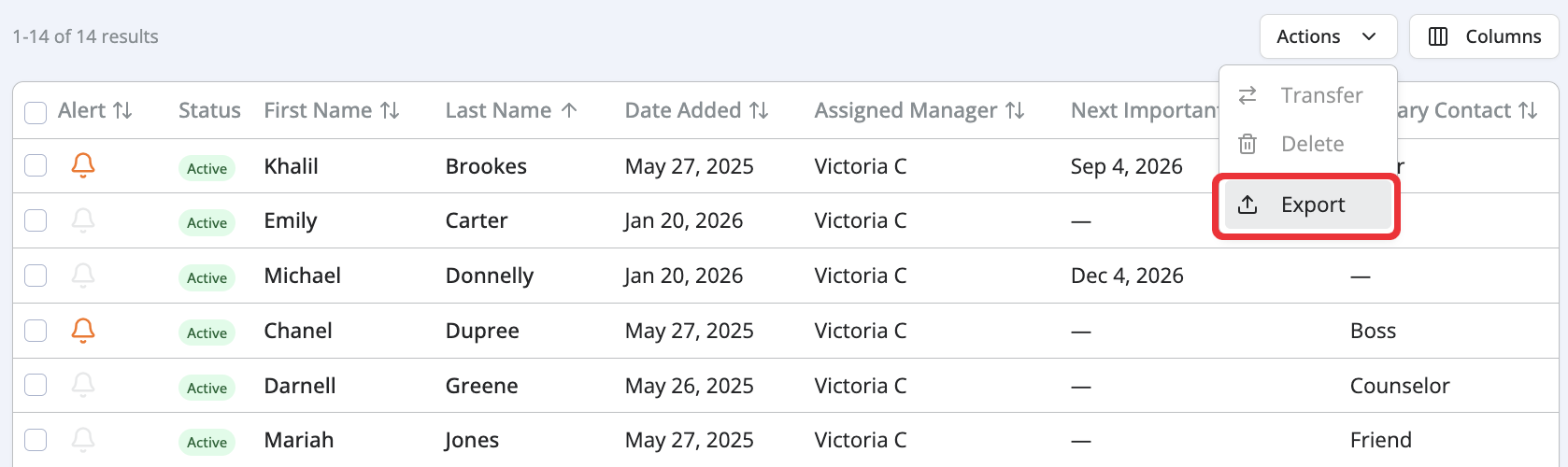 Admin table with an open Actions menu offering Transfer, Delete, and Export.