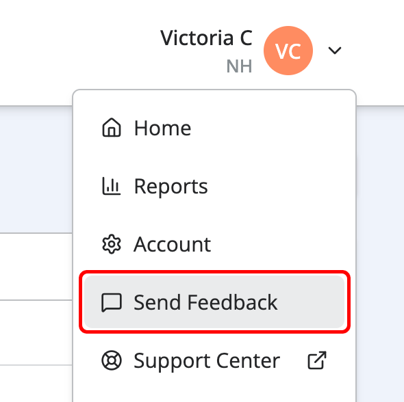 Screenshot showing the user profile dropdown in Notehouse, with “Send Feedback” highlighted in the menu.