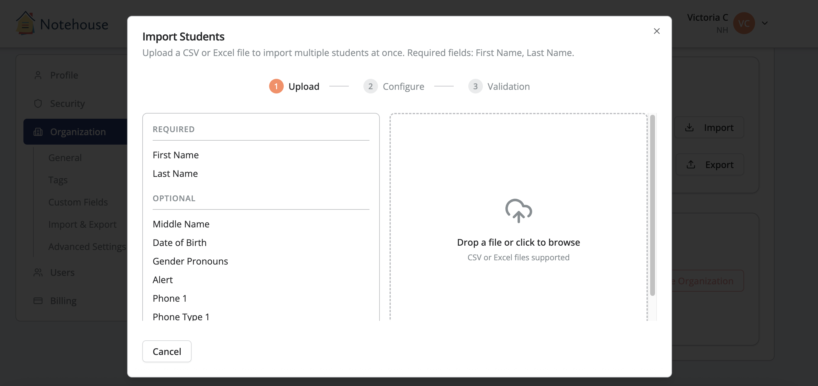 Screenshot of an “Import Clients” dialog with required fields for first and last name, optional client details, and a drag-and-drop file upload area for CSV or Excel files.