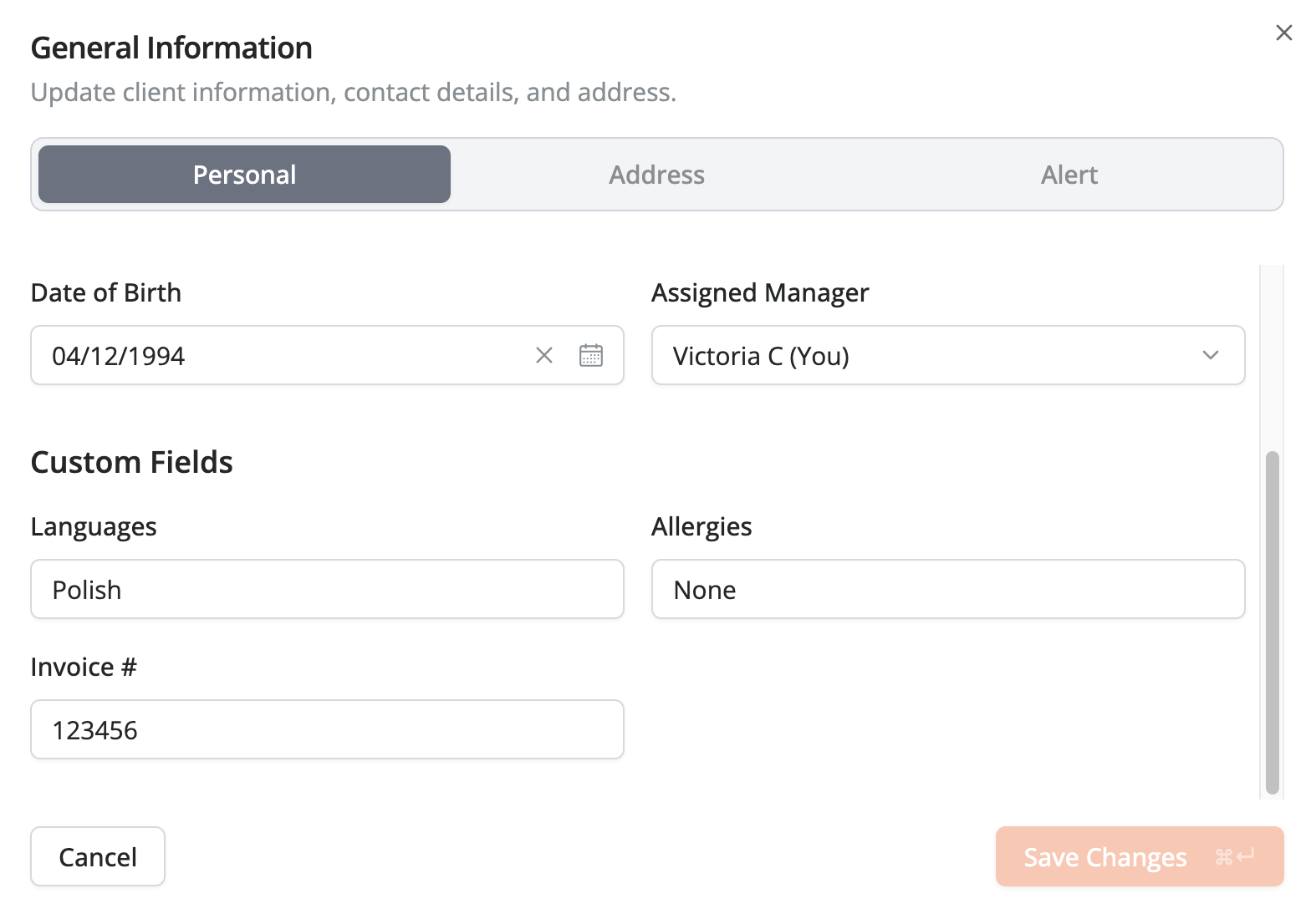 General Information form with tabs for Personal, Address, and Alert, showing personal details, custom fields, and buttons to cancel or save changes.
