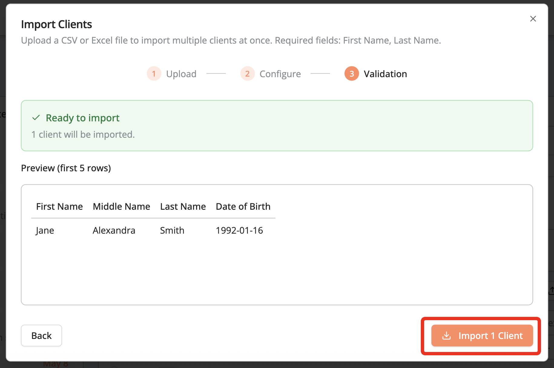 Import Clients dialog in the Validation step displaying confirmation that the file is ready to import, a preview of client data, and an option to complete the import.