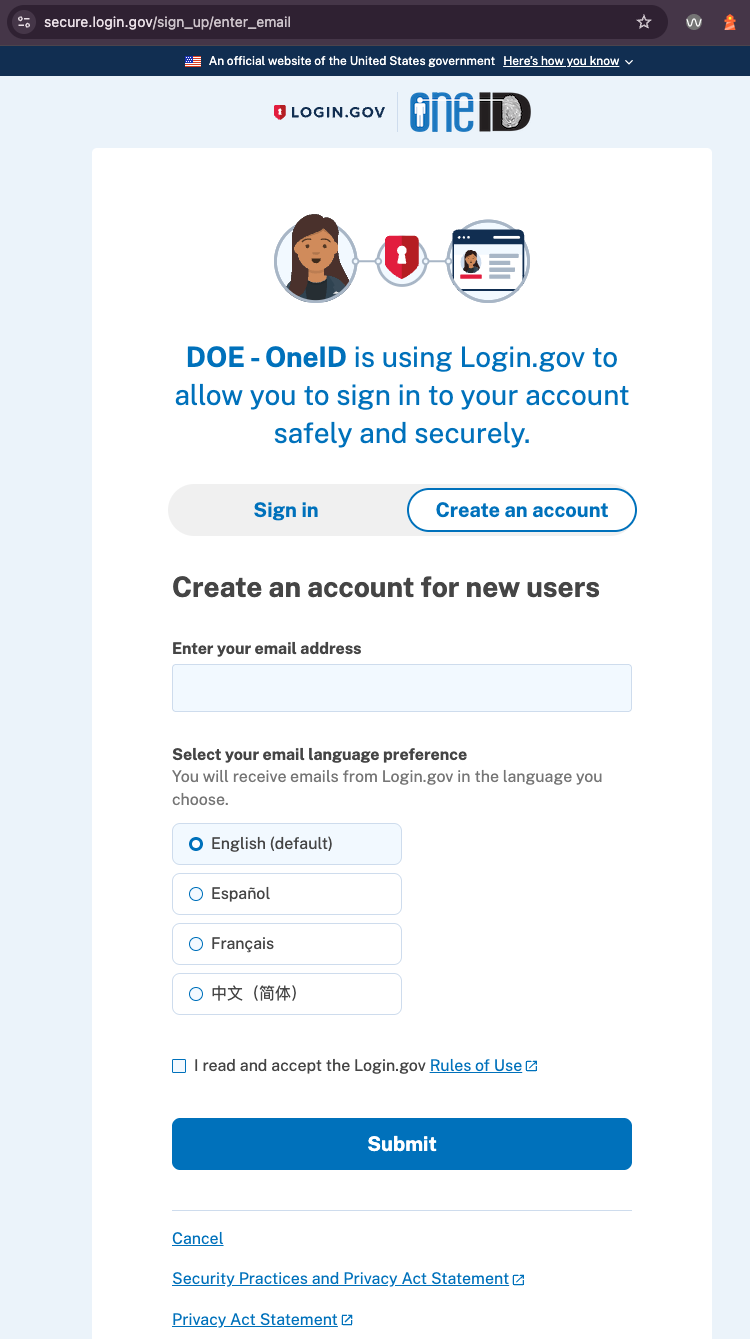 create account screen for login.gov