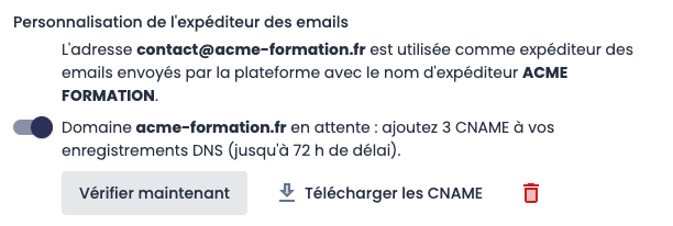 Expéditeur activé et domaine en attente de vérification